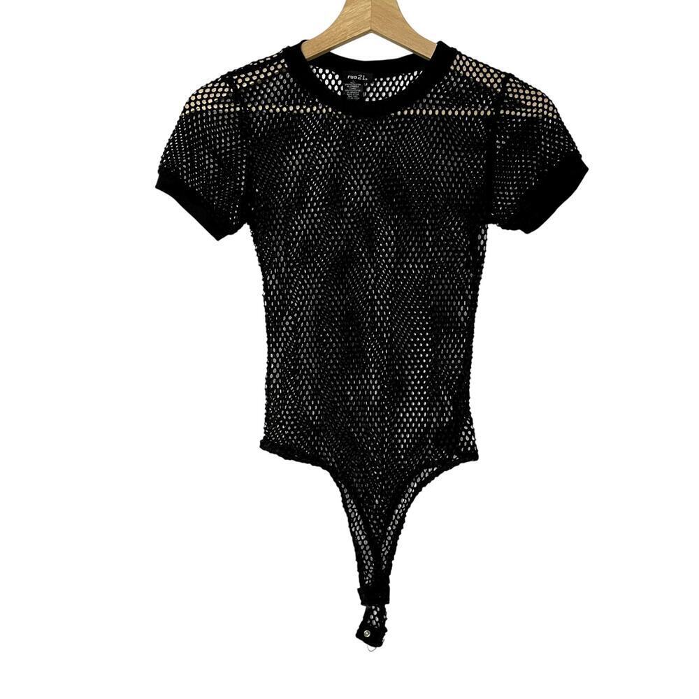 Rue 21 black fishnet bodysuit y2k club women's size S snap closure short sleeves